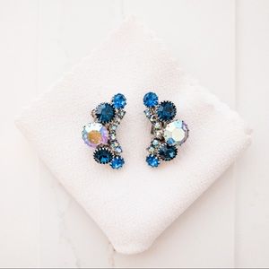 Vintage Royal blue rhinestones Ear cuff clip ons